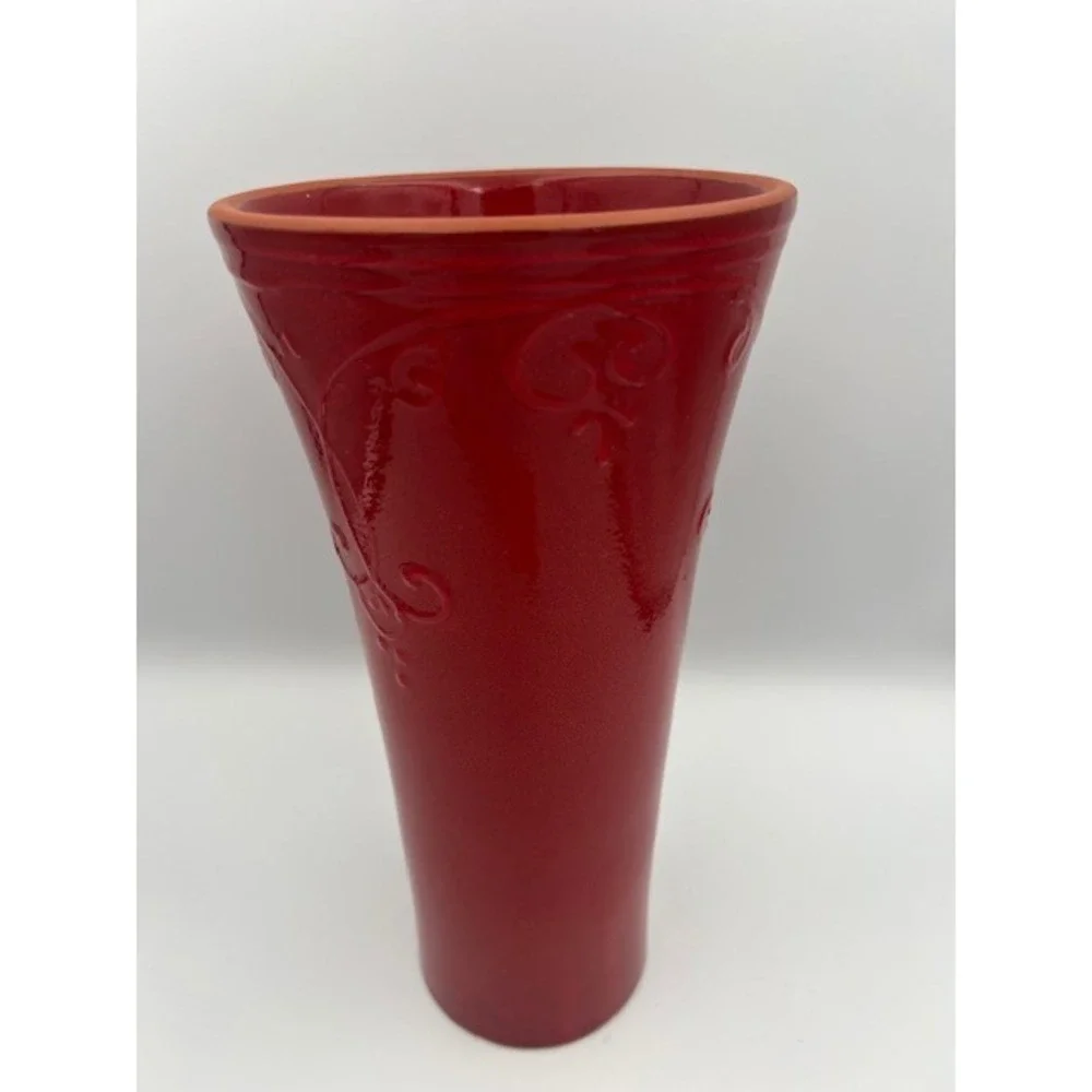 Red Glazed Terracotta Vase Embossed Scroll Fleur De Lis Portugal 12 Inch